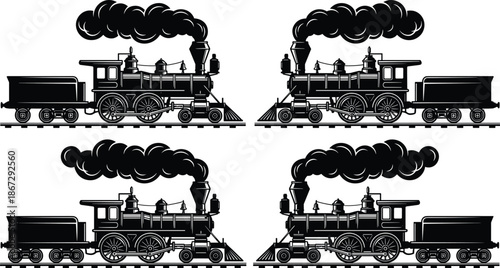 Vintage steam locomotive silhouette vector set, classic railway train engine with smoke and wagons, retro transportation illustration isolated on white background