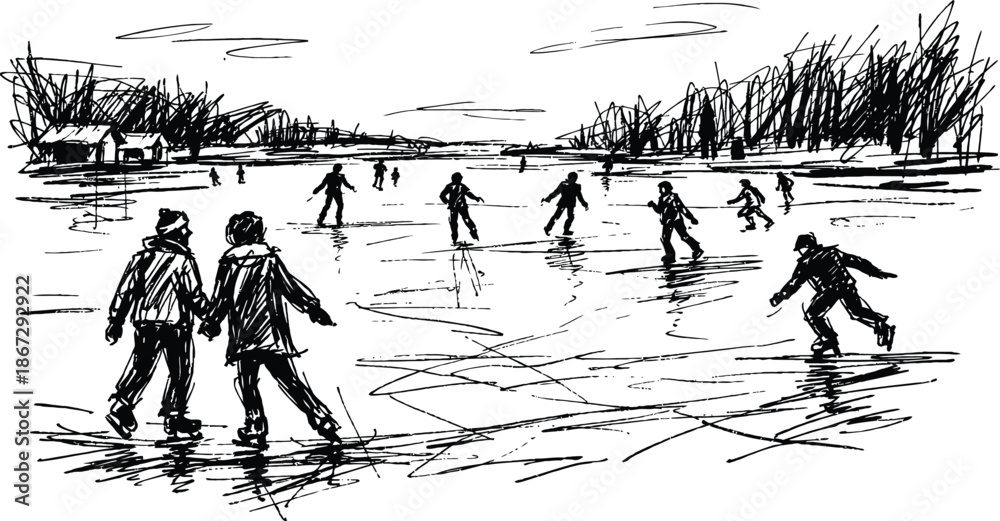 Ταπετσαρία Black and white sketch of people ice skating outdoors on a frozen pond in a wint
