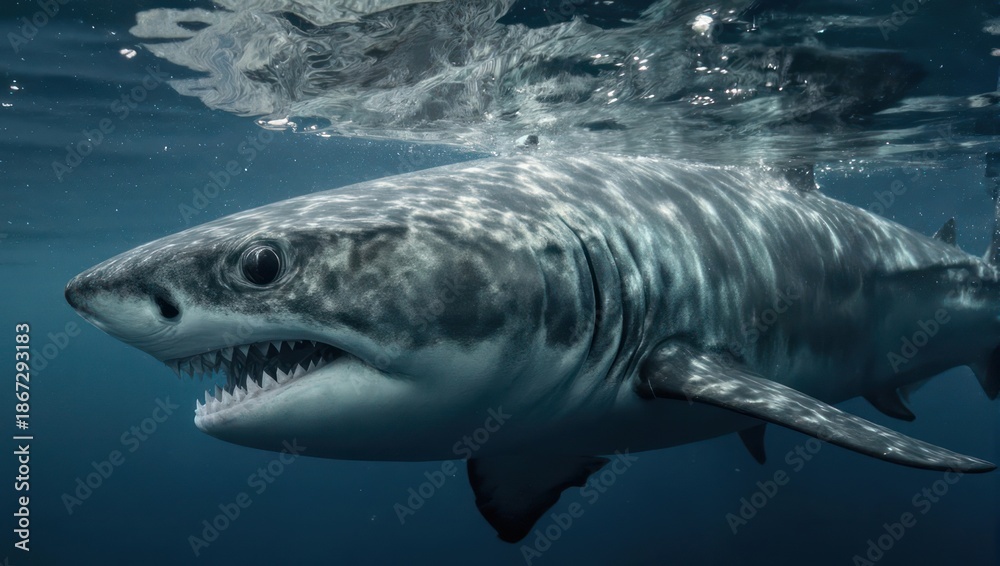 Fototapeta premium Great White Shark in Ocean Waters with Open Mouth.