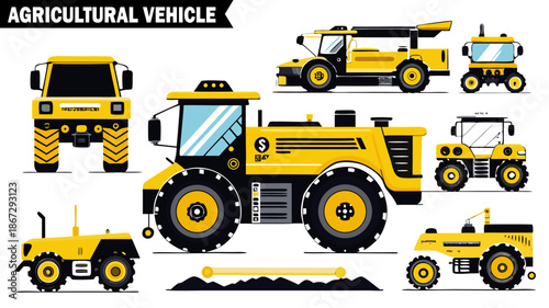 Set of various agricultural vehicles in yellow and black colors showcasing different models and perspectives of farm machinery on transparent background.