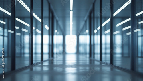 Infinite modern office hallway with glass walls