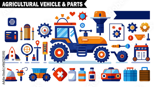 Comprehensive set of blue and orange agricultural vehicles and various parts showcasing farm machinery components and equipment on transparent background.