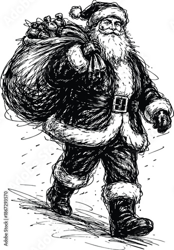Dynamic Sketch of Santa Claus Carrying a Heavy Bag of Toys