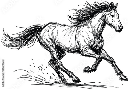 Powerful Black and White Vector Sketch of a Running Horse Galloping