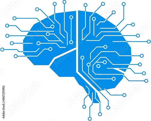 Blue brain outline with integrated circuits, symbolizing artificial intelligence, neural networks, and computational thinking for modern technology