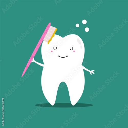 Cute Cartoon Tooth Character Brushing with a Pink Brush.