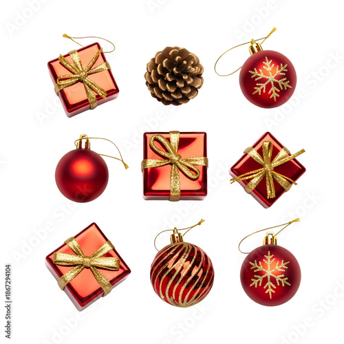 Red Christmas Ornaments Collection with Gift Boxes, Baubles, and Pine Cone