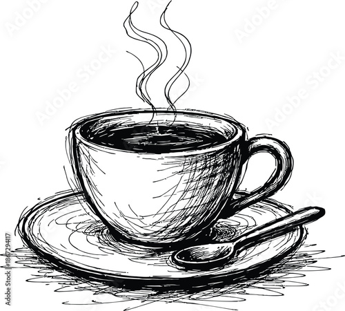 Hand drawn sketch of a steaming coffee cup with saucer and spoon