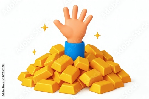 man gold bars bullion heap stick reaching out sinking drown rich fortune money wealth