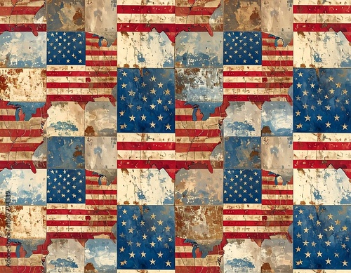 Patriotic quilt pattern, combining flag elements on weathered surfaces