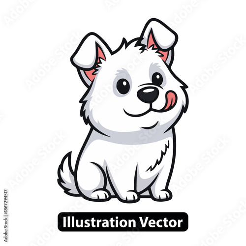 Adorable fluffy white puppy illustration, happy cartoon dog licking lips, playful pet mascot vector graphic
