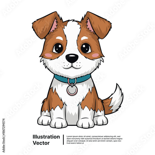 Adorable Brown and White Puppy with Collar Sitting and Smiling, Cute Pet Illustration