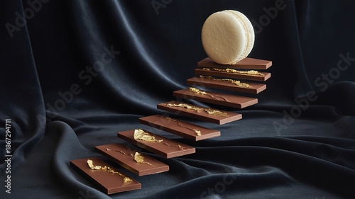 Luxurious chocolate bars with gold flakes arranged like stairs, topped with a delicate macaron against a dark, elegant backdrop.