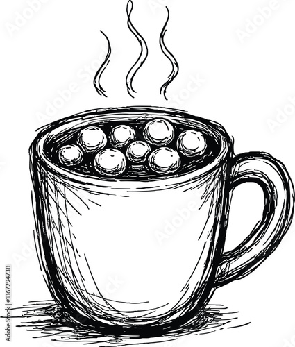 Sketchy Hot Chocolate Mug with Marshmallows and Steam Doodle Isolated Black and White Vector Illustration