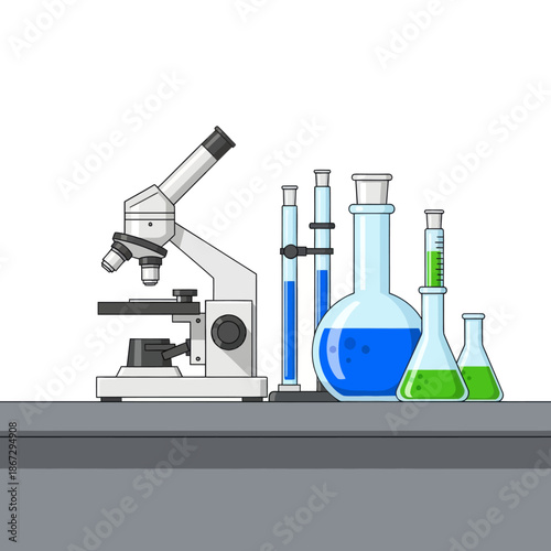 Microscope and laboratory glassware with colorful liquids on a bench, science research concept