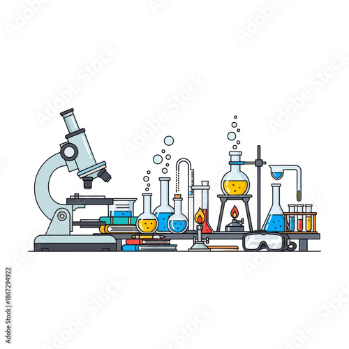 Laboratory equipment and glassware, science research, chemistry experiments, medical study, biology discovery