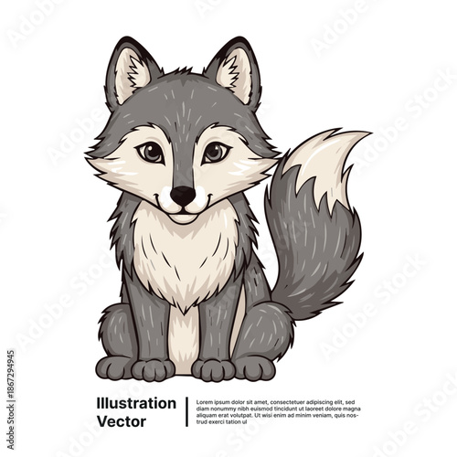Adorable cartoon grey wolf pup illustration with charming eyes, perfectly rendered for various design projects and children's books