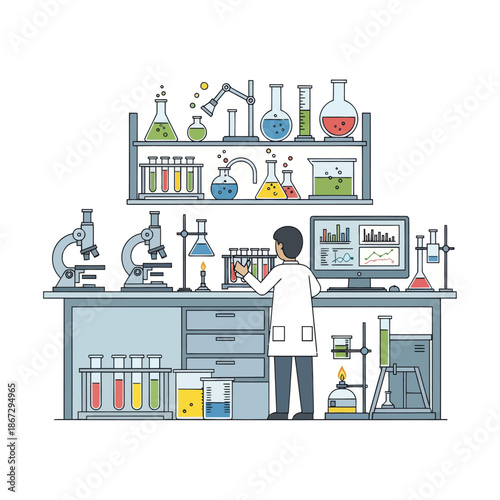 Scientist working in laboratory with glassware, microscope, and computer analysis