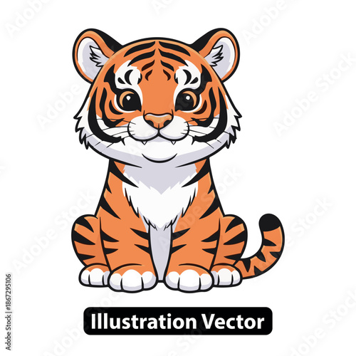 Cute Cartoon Tiger Cub Illustration Sitting Down Adorable Big Cat