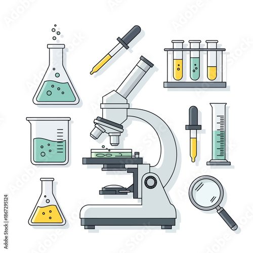Science Laboratory Equipment Icons: Microscope, Beakers, Test Tubes, Pipettes, Magnifying Glass