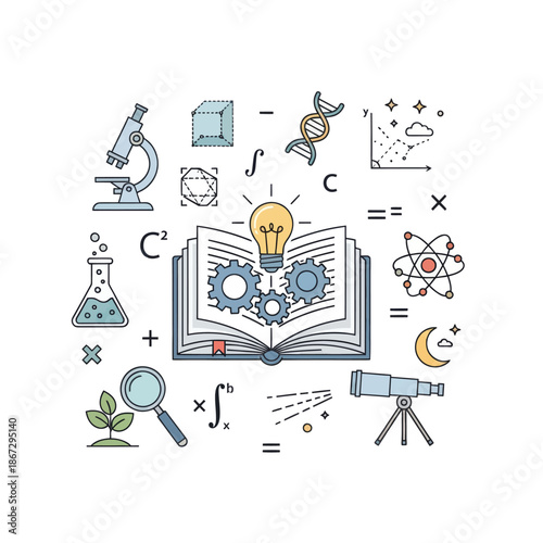 Science and Education Concept: Open Book with Lightbulb, Gears, Microscope, DNA, Telescope