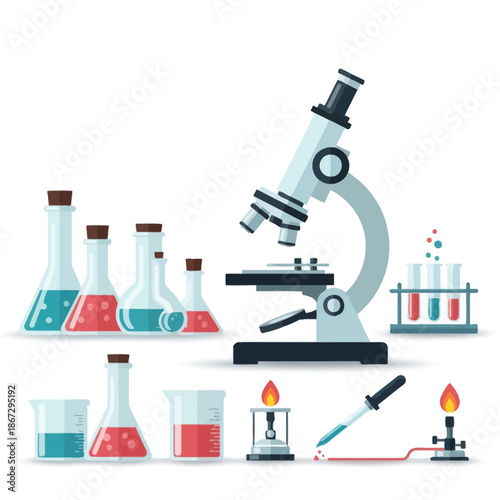 Science Laboratory Equipment - Microscope, Beakers, Flasks, Burners and Test Tubes