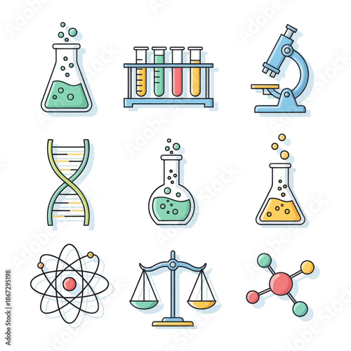 Science Icons: Laboratory Equipment, DNA, Microscope, Atom, Scales of Justice, Molecule