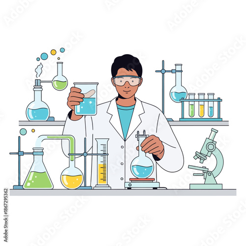 Scientist Conducting Chemical Experiment in Laboratory with Various Equipment and Liquids