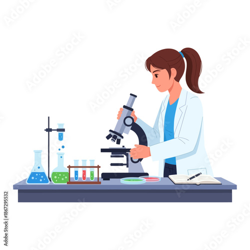 Scientist working with microscope and lab equipment, research and development concept