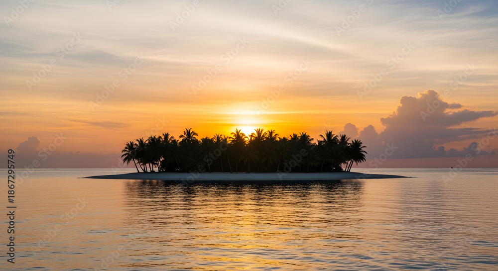Fototapeta premium Vibrant golden hour paints the sky and tranquil waters surrounding a secluded tropical island, a perfect natural escape at sunset