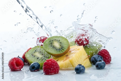 Vibrant Fresh Fruit Splash With Kiwi Pineapple Raspberries And Blueberries Across Water Spray
