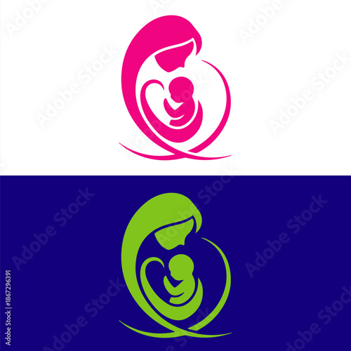 Mother and Baby Stylized Creative Vector Symbol Design. Mom holding her child in her arms