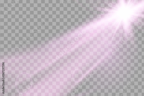 Soft purple star or sun with gentle lush rays and a bright radiant beam across the illustration on a light background. Vector light effect.