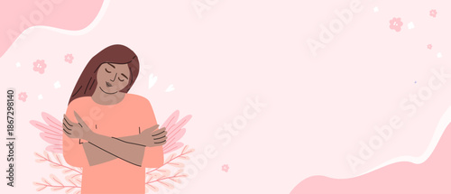 Vector background for the self love concept. A cute woman with dark skin hugging herself on a pink background. Cartoon vector illustration of selfcare.