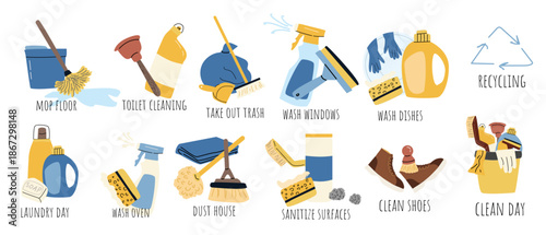 Cleaning tools, detergents stickers set. Vector illustration in cartoon flat style. House Equpment, dusts for clean home, laundry items. Housework elements set, cleaning supplies collection