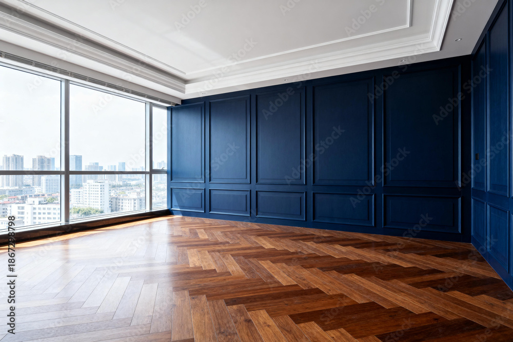 Fototapeta premium Empty Modern Blue Paneled Room with Parquet Flooring