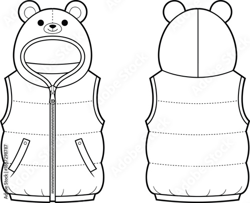 Front and Back View of a Child's Bear Hooded Puffer Vest Line Drawing sleeveless jacket hooded vest