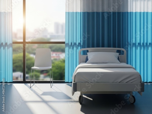 Hospital room with bed and chair by the window with city view