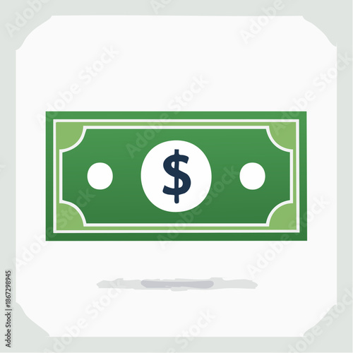 Modern flat design icon showcasing a generic green monetary bill with a clear currency symbol, ideal for illustrating financial transactions, wealth management, and digital commerce concepts