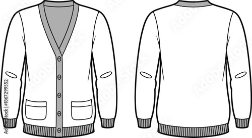 Front and back view of a white and grey button-up cardigan illustration Keywords: cardigan, sweater, knitwear, outerwear