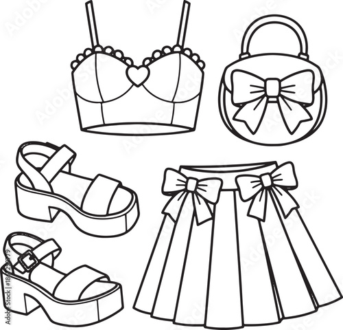 This fashion illustration set features a cute and stylish women’s outfit collection including a cropped top, flared skirt with bow details, platform sandals, and a small handbag. Designed in clean bla
