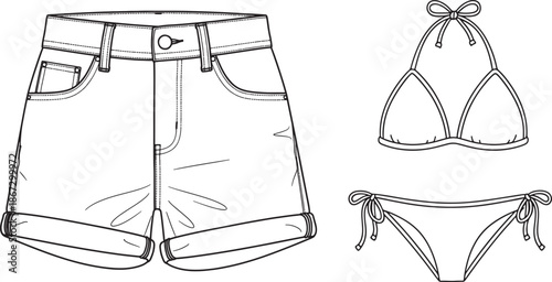 This black and white line art illustration features a stylish summer outfit set including high-waisted denim shorts and a classic triangle bikini with tie-side bottoms. Created in a clean and minimal 