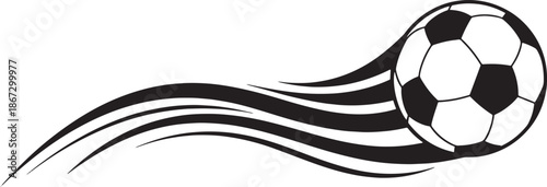 This dynamic black and white illustration features a flying soccer ball with flowing motion trails, symbolizing speed, power, and action. Designed in a bold, minimalist line art style, this artwork 