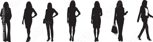 Set of seven business woman silhouettes in various poses and outfits