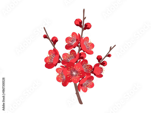 Stylized red plum blossoms on brown branches against a white background