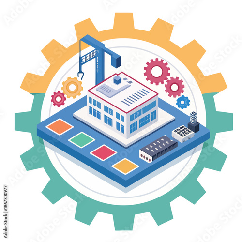 A colorful vector graphic of a factory on a tablet with gears