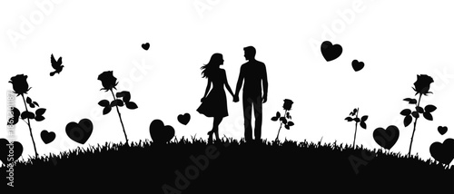 Romantic couple silhouetted against a heart shaped background with doves and flowers