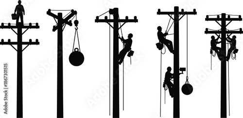 Silhouettes of linemen working on utility poles with equipment and tools Keywords: lineman, utility pole, electricity, power