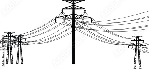 Silhouette of high voltage electricity pylons and power lines energy transmission