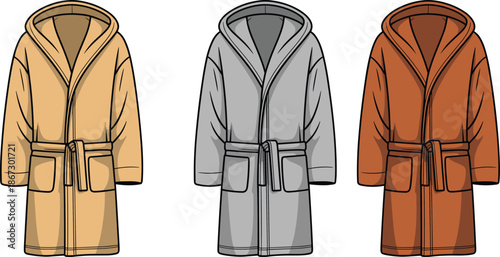 Three colorful bathrobes with hoods and belts on a white background Keywords: bathrobe, dressing gown, robe, loungewear